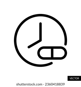 Clock and capsule, medicine pill, medication time, time taking dose vector icon in line style design for website, app, UI, isolated on white background. Editable stroke. EPS 10 vector illustration.