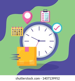clock cardboard box calendar checkmark location pointer fast delivery business vector illustration