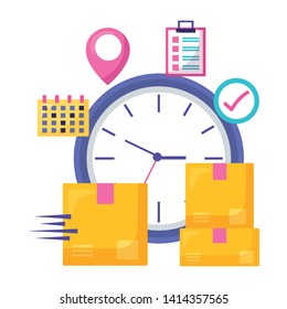 clock cardboard box calendar checkmark location pointer fast delivery business vector illustration