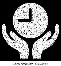 Clock Care Hands grainy textured icon for overlay watermark stamps. Flat symbol with dust texture. Dotted vector white ink rubber seal stamp with grunge design on a black background.