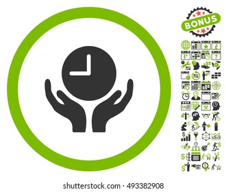 Clock Care Hands icon with bonus calendar and time management images. Vector illustration style is flat iconic bicolor symbols, eco green and gray colors, white background.