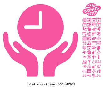 Clock Care Hands icon with bonus calendar and time management graphic icons. Vector illustration style is flat iconic symbols, pink color, white background.