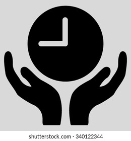 Clock Care vector icon. Style is flat symbol, black color, rounded angles, light gray background.