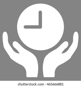 Clock Care vector icon. Style is flat symbol, white color, rounded angles, gray background.
