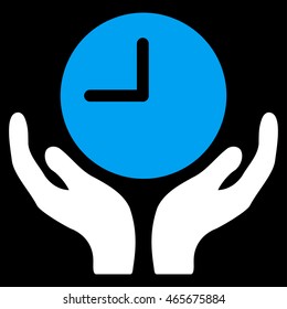 Clock Care vector icon. Style is bicolor flat symbol, blue and white colors, rounded angles, black background.
