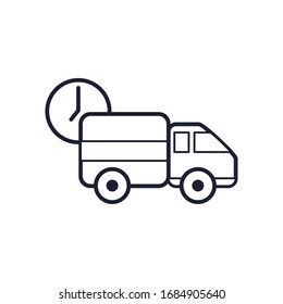 Uhr und Lkw-Symbol auf weißem Hintergrund, Linienstil, Vektorillustration