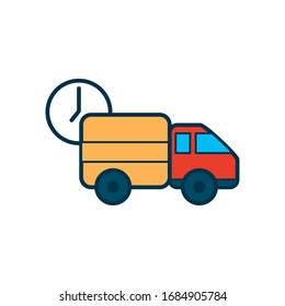 clock and cargo truck icon over white background, line and fill style, vector illustration