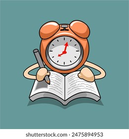 clock cartoon character is studying