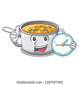 With clock cartoon chicken soup pot for dinner