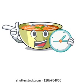 With clock Cartoon lentil soup ready to served