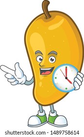 With clock cartoon of mango character on a white background.