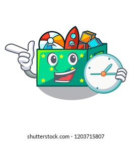 With clock cartoon toy boxes in a bedroom