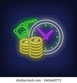 Clock with cash neon sign. Watch, money, coin, dollar banknote. Time concept. Vector illustration in neon style, glowing element for topics like banking, finance, loan, deposit