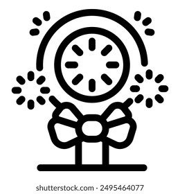 El reloj está celebrando el año nuevo con fuegos artificiales y una pajarita