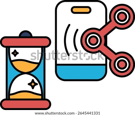 A clock and a cell phone are shown in a drawing. The clock is red and white, and the cell phone is blue and white. The drawing conveys the idea of time passing