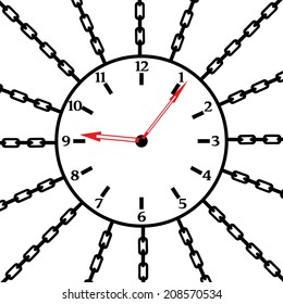 A clock is chained up. It is a black and white vector. 