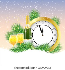 clock and champagne with the branches of fir-tree on to snow,  vector  illustration