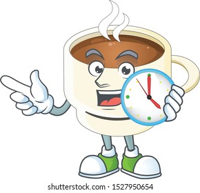 With clock character cup coffee in cartoon mascot.
