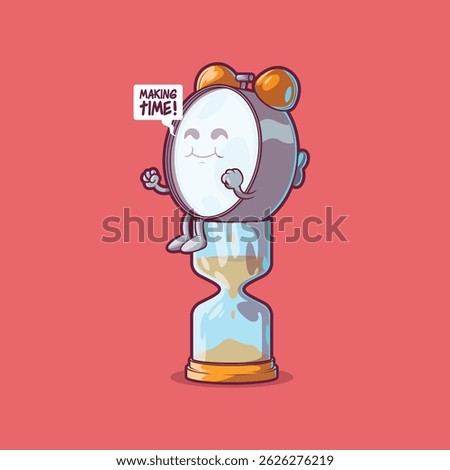 Clock Character seated on top of a sand clock vector illustration. Time, mascot design concept.