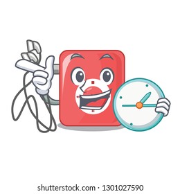 With clock charcter mp3 player above wooden table