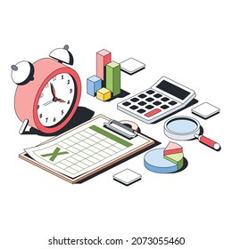 Clock, charts, calculator, Excel table clipboard, magnifier. Vector 3d sketch line isometric style, color icon illustration. Creative design idea and infographics elements.