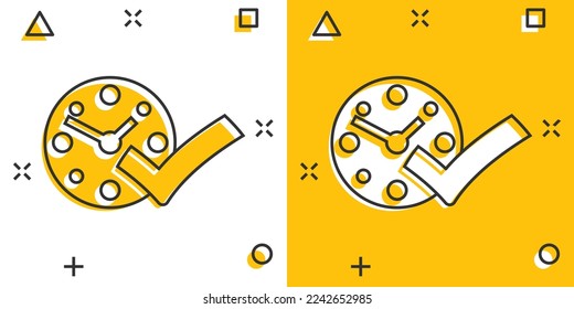 Clock check mark icon in comic style. Timer approval cartoon vector illustration on white isolated background. Confirm splash effect business concept.