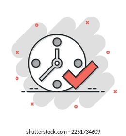 Icono de marca de verificación de reloj en estilo cómic. Dibujo vectorial de la caricatura de aprobación del temporizador sobre fondo aislado blanco. Confirmar el concepto de negocio del efecto de salpicadura.