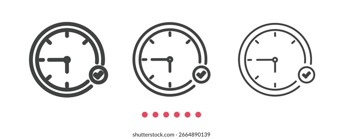 Reloj con icono de línea de marca de verificación. Vector de icono de línea delgada.