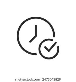 Clock with check mark, linear style icon. scheduled or completed time-based task. Editable stroke width.