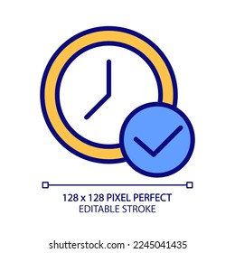 Reloj con marca de verificación píxel icono de color RGB perfecto. Aprobación de la hora de cita. Vigilar digital con garrapatas. Ilustración vectorial aislada. Dibujo de línea simple relleno. Trazo editable. Tipo de letra arial utilizado