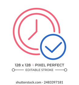 Reloj con marca de verificación de dos iconos de línea de color. Aprobando hora de cita. Reloj digital con símbolo de contorno bicolor. Pictograma lineal de duotono. Ilustración aislada Trazo editable