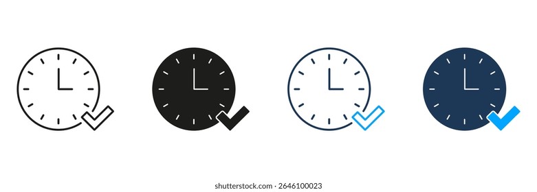 Relógio Com Linha De Marca De Seleção E Conjunto De Ícones Sólidos. Gerenciamento De Tempo, Conclusão De Tarefas E Coleção De Símbolos De Confirmação De Agendamento. Planejamento Eficiente E Produtividade. Ilustração de vetor isolada.