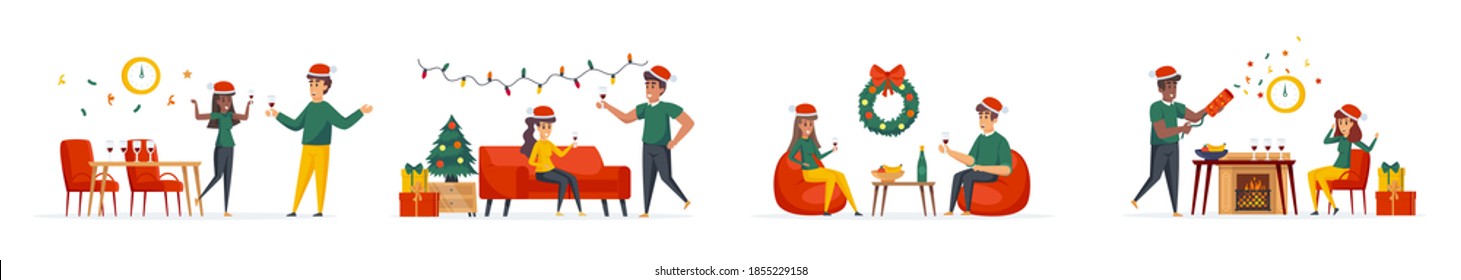 Clock chiming midnight on New Years Eve bundle of scenes with flat people characters. Happy couple together celebrating conceptual situations. Christmas winter holidays cartoon vector illustration.