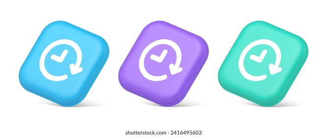 Clock in circle arrow button time countdown deadline chronometer 3d realistic blue purple and green icons. Watch timing counter checking interval period numeral clockwise measuring