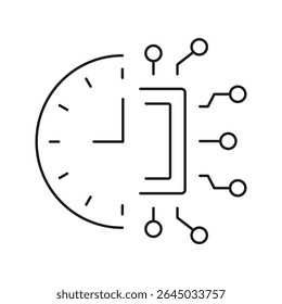 Clock And Circuit Board Line Icon. Time Management And Digital Technology Integration Outline Symbol. Efficiency And Automation Concept. Editable Stroke. Isolated Vector Illustration.