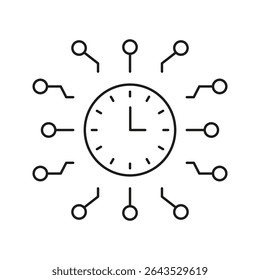 Clock With Circuit Connections Line Icon. Time Management, Digital Synchronization, And Network Integration Outline Symbol. Technology And Efficiency. Editable Stroke. Isolated Vector Illustration.