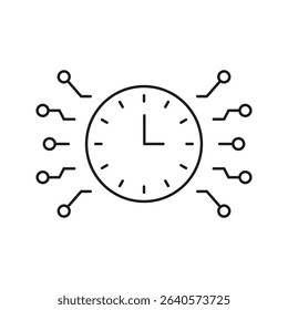 Clock With Circuit Lines Icon. Time Management And Digital Technology Integration Outline Symbol. Efficient Scheduling And Automation Concept. Editable Stroke. Isolated Vector Illustration.