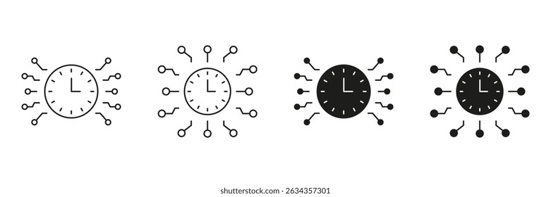 Clock With Circuit Lines Line And Solid Icon Set. Time Management And Digital Connectivity Symbol Collection. Technology And Efficiency Representation. Isolated Vector Illustration.