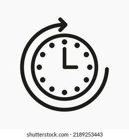 Clock with circular arrow line icon. 24, around the clock, hand, planning, timetable, schedule, wake up, reminder, appointment. Time management concept. Vector line icon for Business and Advertising.