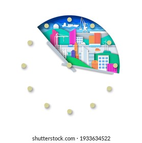 Clock with city elements, urban landscape. Vector illustration in paper art style. Modern city development, construction.