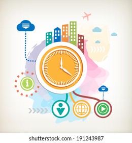 Clock and city on abstract colorful watercolor background with different icon and elements. 