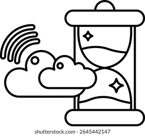 A clock with a cloud in the background. The clock is red and yellow. The cloud is white and blue