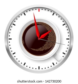 Clock and coffee cup. Illustration on white.