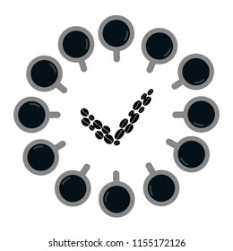 clock from coffee cups, vector illustration isolated on white background.