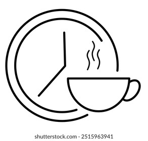 Icono de reloj y café. Vector de estilo plano. Reloj con taza de café caliente Ilustración vectorial. Concepto de negocio de la hora del desayuno. parte 1