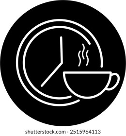 Icono de reloj y café. Vector de estilo plano. Reloj con taza de café caliente Ilustración vectorial. Concepto de negocio de la hora del desayuno.