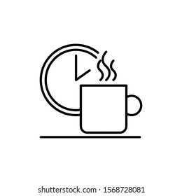 Clock and coffee mug icon. Outline thin line flat illustration. Isolated on white background. 