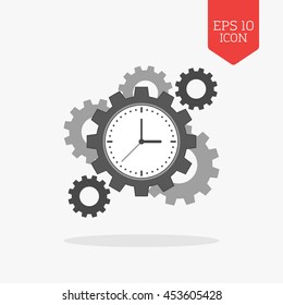 Clock with cogwheels icon. Time management concept. Flat design gray color symbol. Modern UI web navigation, sign. Illustration element