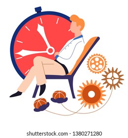 Clock and cogwheels time abstract concept human aging and waiting time management and deadline vector isolated male character on recliner and timer mechanism details man sitting big dial pastime