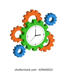 Clock with Cogwheels, Time Management symbol. Flat Isometric Icon or Logo. 3D Style Pictogram for Web Design, UI, Mobile App, Infographic. Vector Illustration on white background.